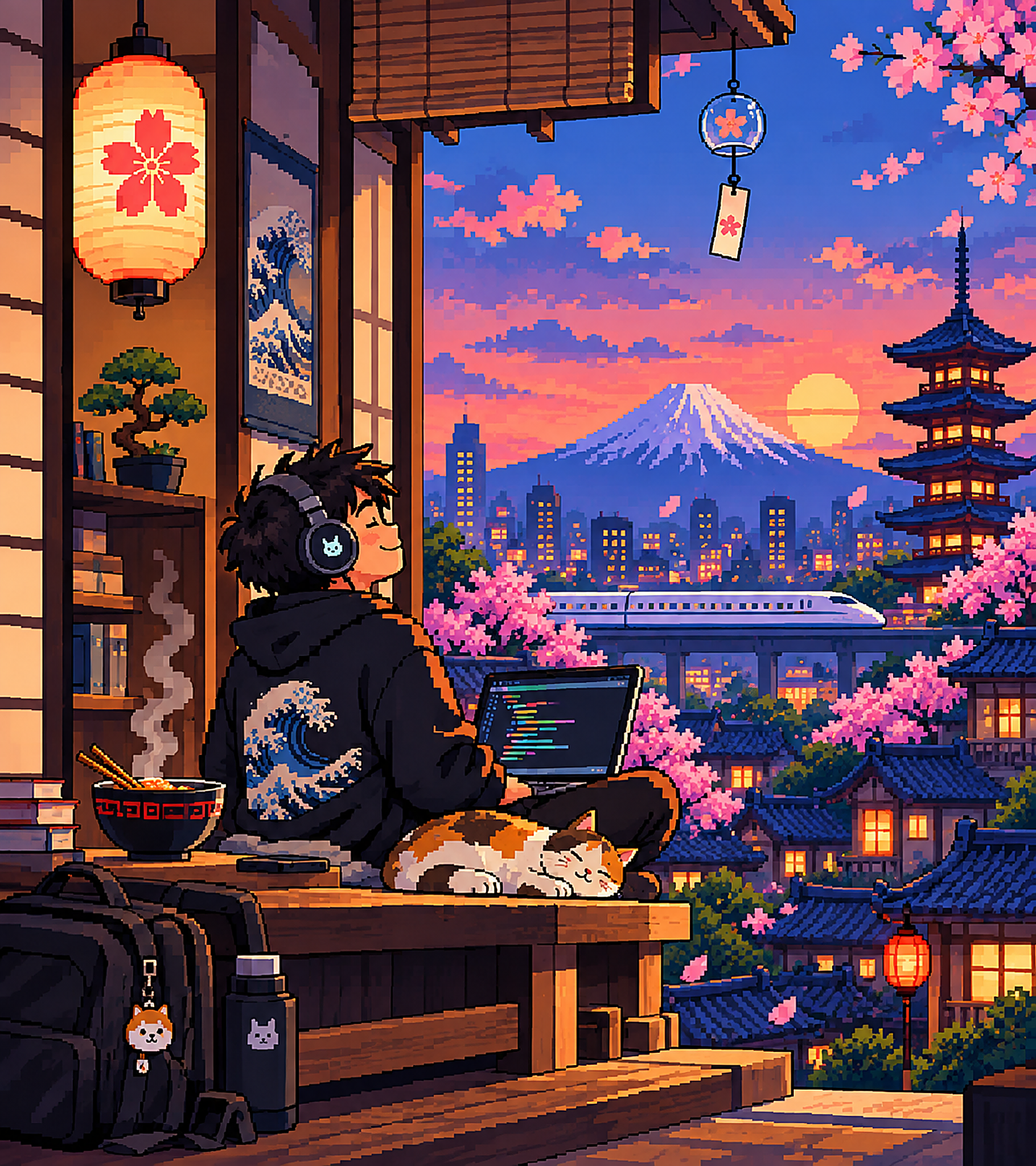 Developer coding in Japan overlooking Mt. Fuji at sunset