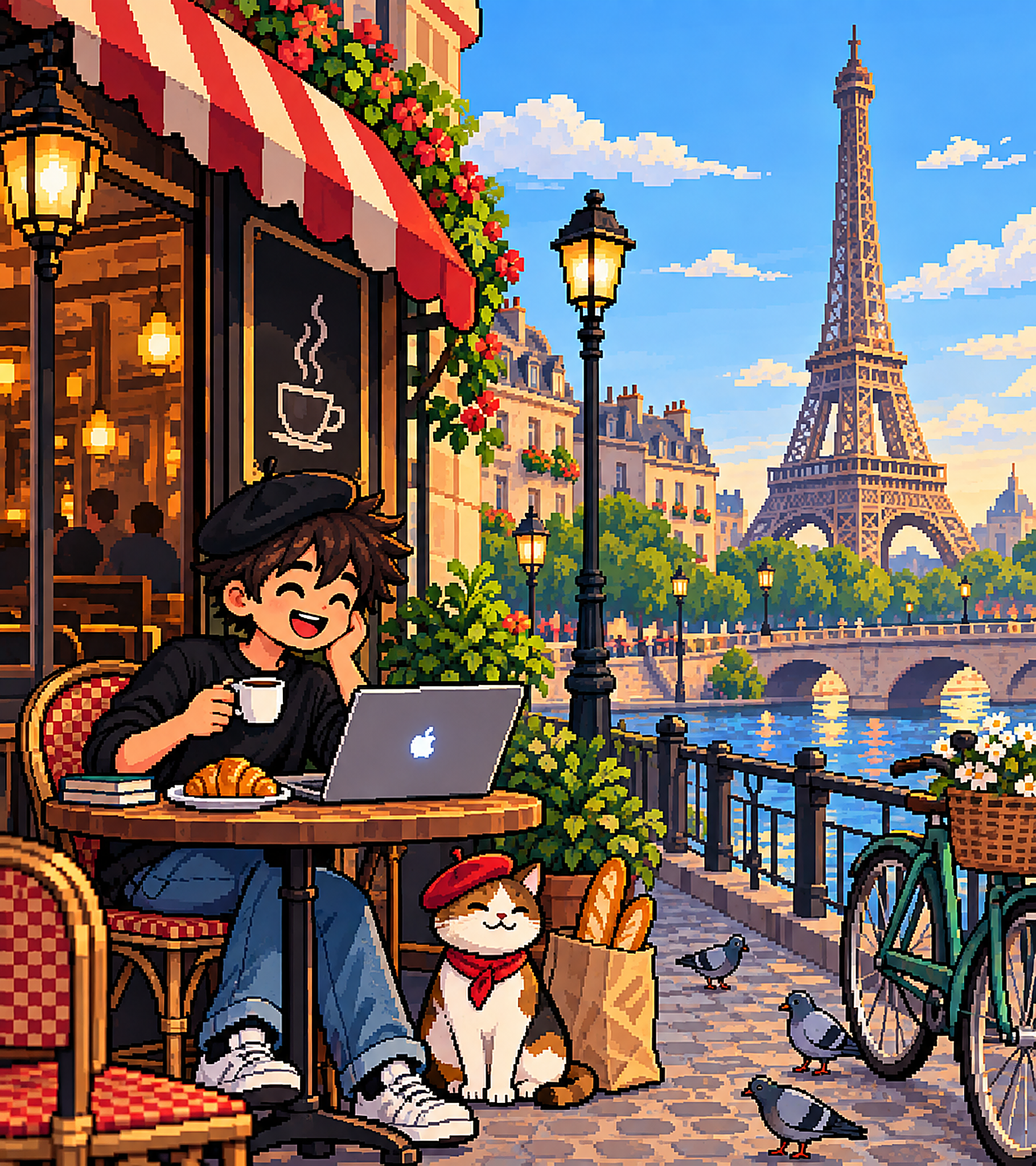 Developer coding at a Paris café with Eiffel Tower view