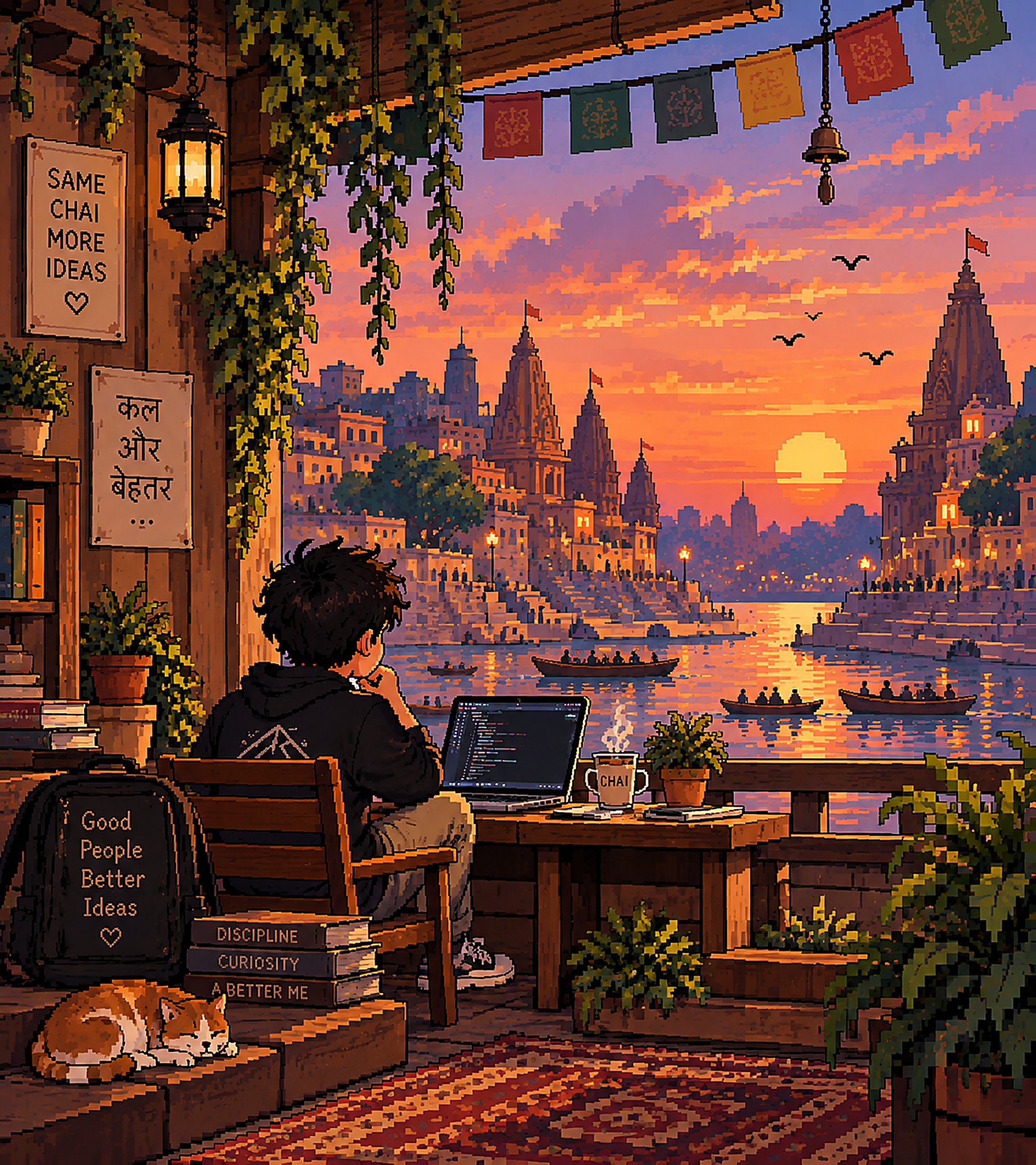 Developer coding on a balcony in Varanasi at sunset
